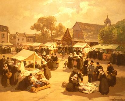 The fabric market in Faouët. This painting is in the Musée du Faouët.