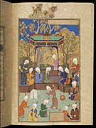 A party at night. Safavid miniature (possibly by Mirza Ali) attached to the Timurid copy of Bustan. Tabriz, c. 1540.