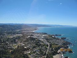 An aerial view of Brookings, Oregon and its coastline