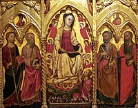 Madonna enthroned with angels and apostles, including Thomas and the girdle in the centre panel