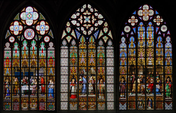 Three scenes of the Legend of the Sacrament of Miracle. Stained glass windows by Jean-Baptiste Capronnier (c. 1870)