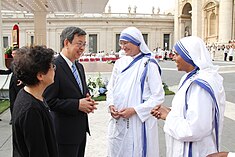 Chinese Vice President Chen Chien-jen and Mrs. Chen are greeted by Sr. Mary Prema Pierick, superior general of the Missionaries of Charity. (2016/09/05)