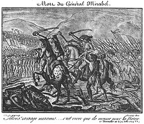 Black and white print shows groups of soldiers fighting each other. In the foreground are mounted officers, one of which is toppling from his horse.