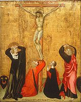 Giovanni di Paolo's Crucifixion with donor Jacopo di Bartolomeo, named in the inscription and with his coat of arms at left