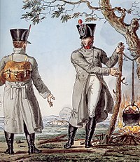 Color print shows two infantrymen wearing gray greatcoats and black shakos.