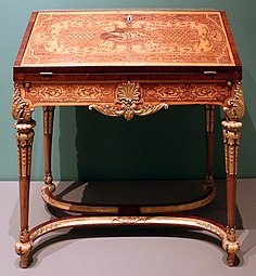 German slant-front desk; by Heinrich Ludwig Rohde or Ferdinand Plitzner; c.1715–1725; marquetry with maple, amaranth, mahogany, and walnut on spruce and oak; 90 × 84 × 44.5 cm; Art Institute of Chicago[127]