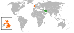 Map indicating locations of Iran and United Kingdom