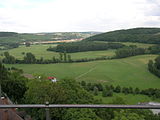 Blick von Burg Krautheim. Hier ist die Jagst Grenze zwischen Baden und Württemberg