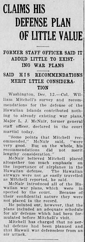 Newspaper account of McNair testimony at Billy Mitchell's 1925 court-martial