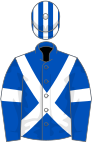 Royal blue, white cross-belts and armlets, striped cap