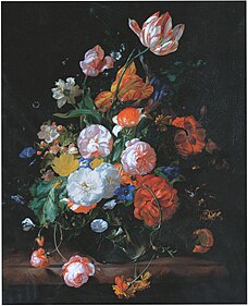 Roses, tulips and other flowers in a glass vase on a marble ledge, 1709