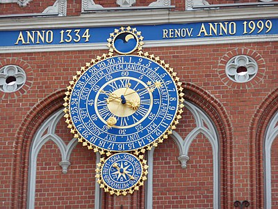 Rebuilt clock on the House of the Blackheads (Riga)