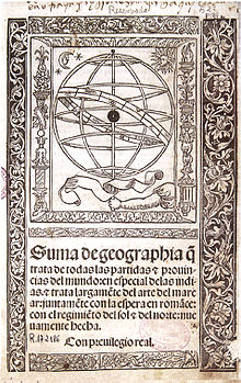 Title page of Suma de Geographia, first edition copy at the Universidad Complutense de Madrid, showing 'within woodcut border an armillary sphere held by an extended left hand, the whole, including title below the woodcut, inclosed by other border' (per LC)