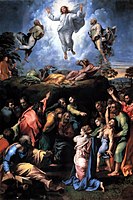 Critics such as Jane Chance have compared Gandalf's death in Moria and subsequent reappearance as "the White" to Christ's Transfiguration,[15] as in this painting by Raphael, c. 1520