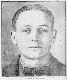 Newspaper headshot photo of the 20-year-old Victor F. Nelson, who wears a suit and 1920s neatly parted and combed hair