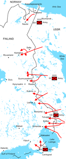 Diagram of Soviet offensives at the start of the war illustrating the positions of the four Soviet armies and their attack routes. The Red Army invaded dozens of kilometres deep into Finland along the 1,340 km border during the first month of the war.