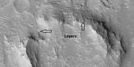 Layered features, as seen by HiRISE under HiWish program. Arrows show where some layers are.