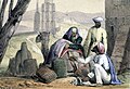Print from 1845 shows cowrie shells being used as money by an Arab trader.