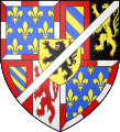 Arms of Antoine of Burgundy: arms of Bourgogne under Philip III, brisé by a cotice en barre argent.
