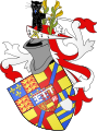 Coat of arms with the genet and Planta genista crest