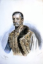 Colored lithograph shows a man with a moustache wearing a hussar uniform.
