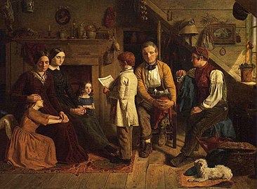 The Emigration Scheme (1852), depicts a young boy reading a document for his illiterate family, reflecting the sharp increase in education levels during the 19th century.