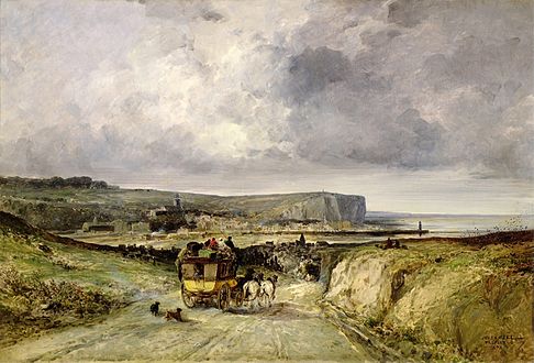 "L'Arrivee d'une Diligence au Tréport" by Jules Achille Noël. A "Diligence" was a horse-drawn coach.