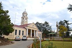 Kokstad City Hall and Victorian Bandstand. Also visible is the Memorial to Cape Mounted Riflemen & Volunteers, East Griqualand.
