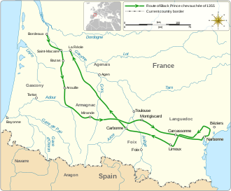 A map of south-west France showing the route of the chevauchée