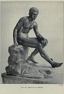 Illustration of bronze statue of a nude male youth, seated on a rock with one leg outstretched, leaning on the opposite thigh, from the 1908 volume Buried Herculaneum by Ethel Ross Barker; caption reads "Mercury in Repose"