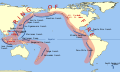 Image 79A Ring of Fire; the Pacific is ringed by many volcanoes and oceanic trenches. This map does not show the Cascadia Subduction Zone along part of the west coast of North America, whose trench is completely buried in sediments. (from Pacific Ocean)