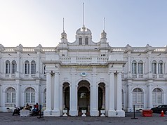 Front façade of the City Hall in George Town, featuring the portico with Edwardian and Baroque architectural styles.