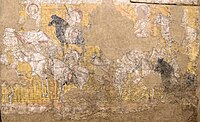 Wall painting of the Distribution of Relics, detail of the warriors Cave 11 (Grunwedel Cave 9), cave temple site, Shorchuk Ming-oi, Karashahr, Hermitage Museum.[15]