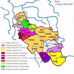 Silesian duchies in 1284, Bytom in violet