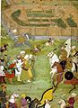 A Mughal miniature from the Padshahnama depicting the surrender of the Safavid Persian garrison of Kandahar in 1638 to the Mughal army of Shah Jahan commanded by Kilij Khan. Notice the white flag with the rising Sun. Perhaps a flag signalling peace. As Safavid forces give the city without bloodshed.