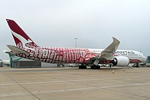 A Boeing 787-9 in 2018 wearing the Yam Dreaming livery, based on internationally renowned artist Emily Kame Kngwarreye’s 1991 painting ‘Yam Dreaming’. The aircraft has carried the colour scheme since 2018.