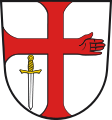 Markt Stadtlauringen In Silber ein durchgehendes rotes Prankenkreuz, dessen Querarm links in einer Hand endet; im rechten unteren Winkel ein gestürztes silbernes Schwert mit goldenem Griff.