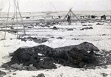 Restored version: four human remains in foreground partially wrapped in blankets.