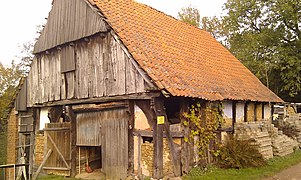 Half-timbered barn walls with stone infill. Rödinghausen, Germany.