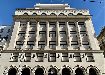 Art Deco Composite columns on the Foreign Trade Bank Building (Calea Victoriei no. 22), Bucharest, by Radu Dudescu, 1937-1938