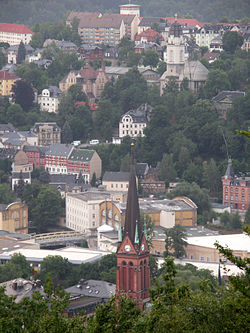 July 2008 view of central Aue, including the St. Nicholas' Church