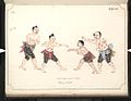 Watercolour painting from 1897 depicting a 19th-century boxing match. All fighters wear longyi and Htoe Kwin tattoos.