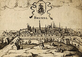 An engraving of Brussels showing the city's second walls, c. 1610