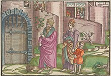 A depiction of Henry, inaccurately with his family, barefoot before Pope Gregory VII at Canossa Castle