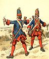 Grenadiere vom 1. Bataillon um 1715; kolorierte Lithographie von Richard Knötel um 1891