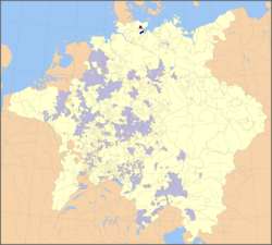 Prince-Bishopric of Lübeck (Dark blue) with in the Holy Roman Empire (as of 1648), the episcopal residence in Eutin shown by a red spot (other prince-bishoprics in light blue)