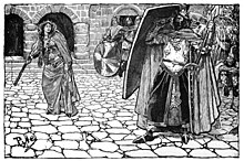 Der Holzschnitt zeigt eine bekrönte, gerüstete Frau mit langen Zöpfen, die mit einem Speer in ihrer rechten Hand ausholt und auf einen großen Schild blickt, den ein bärtiger, bekrönter Mann hält, während einige Krieger zusehen