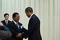 President Barack Obama is welcomed by Prime Minister Hun Sen at the Peace Palace in Phnom Penh, November 19, 2012.