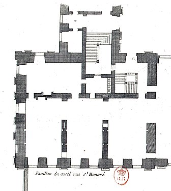 Ground-floor plan showing the pavilion and the first bay of the North Wing (at top), which contains the grand staircase, detail from an engraving by Jean Marot