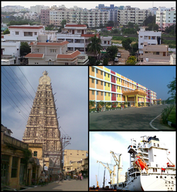 Clockwise from top left: Nellore City View, Narayana Colleges, A Ship at Krishnapatnam Port, Gopuram of Sri Ranganathaswamy Temple, Nellore.